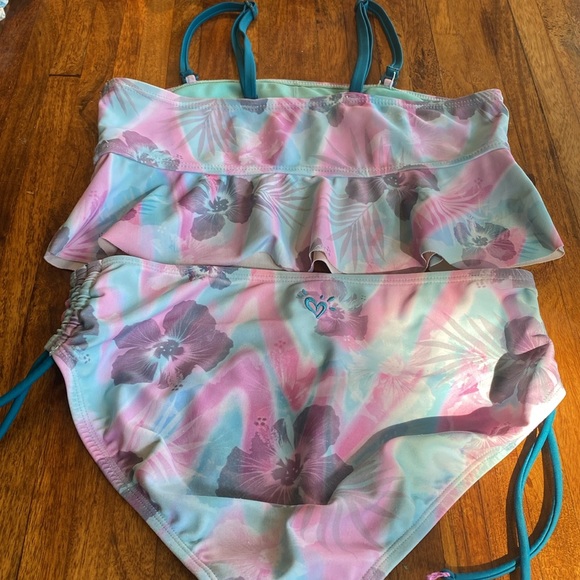 Justice Girls bikini pink and turquoise floral pattern size 12 - Picture 5 of 15